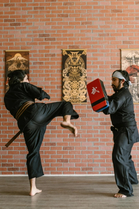 Martial arts student practicing a kick on a pad held by an instructor in a traditional dojo