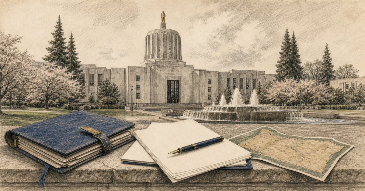 Detailed sketch of the Oregon State Capitol with advocacy materials and an Oregon map.