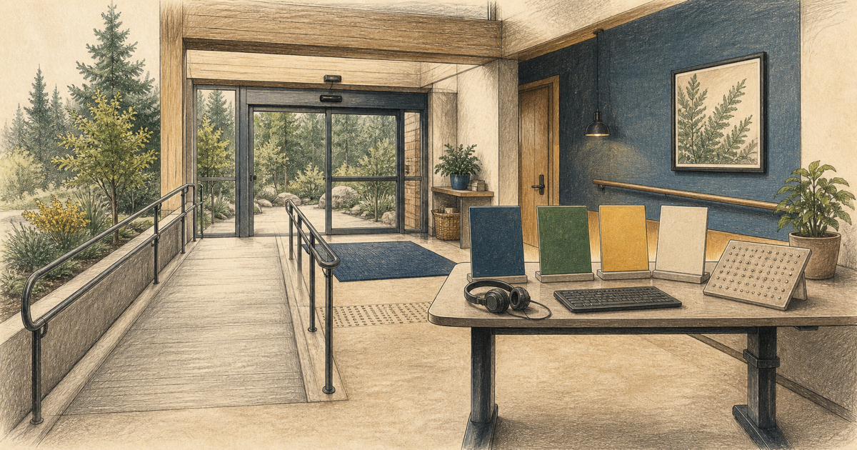 Detailed sketch of an accessible entrance and adjustable resource desk.