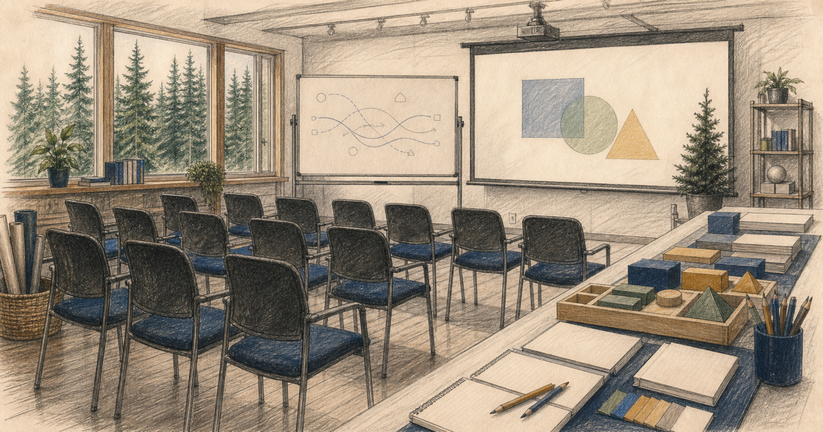 Detailed sketch of an Oregon seminar room prepared for professional education.
