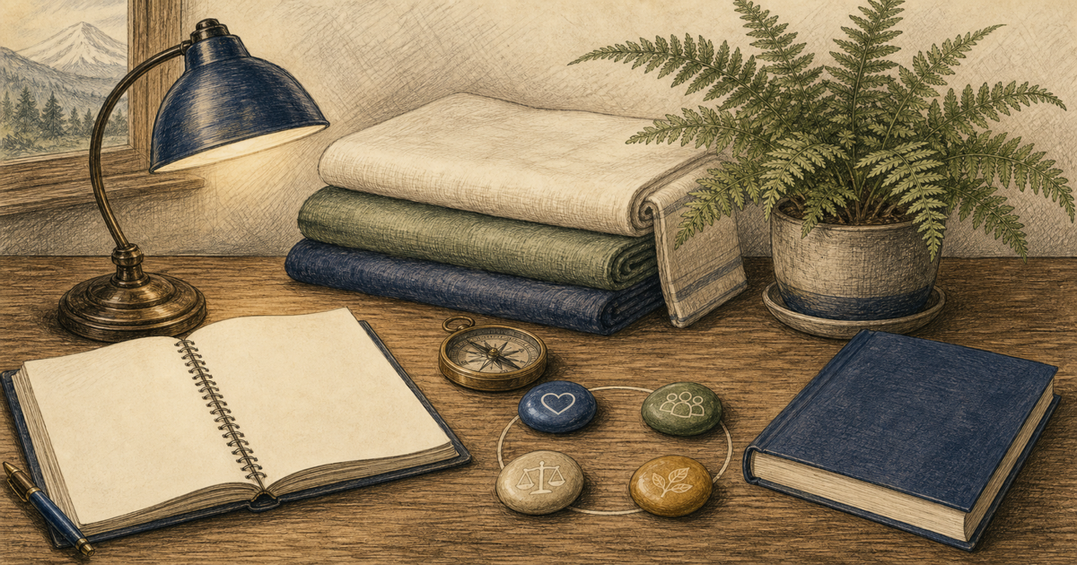 Detailed sketch still life representing care, ethics, education, and professional purpose.