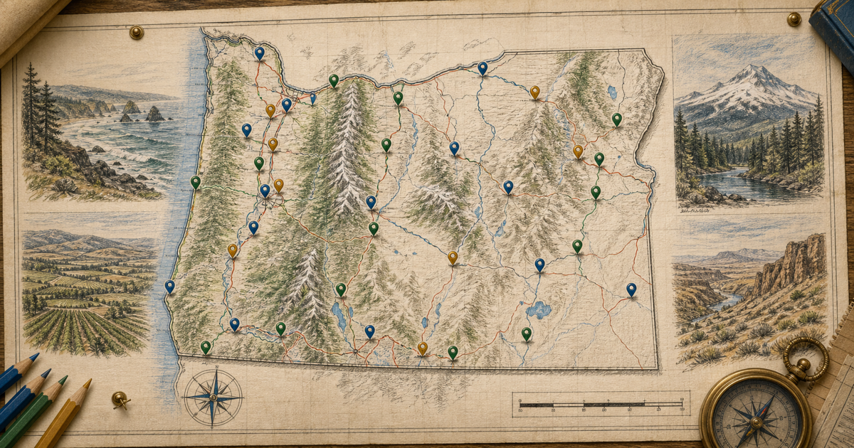 Detailed topographic sketch of Oregon with statewide location markers.