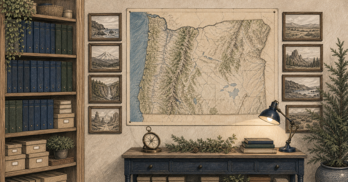Detailed sketch of an AMTA Oregon chapter archive with a statewide map and Oregon landscape illustrations.