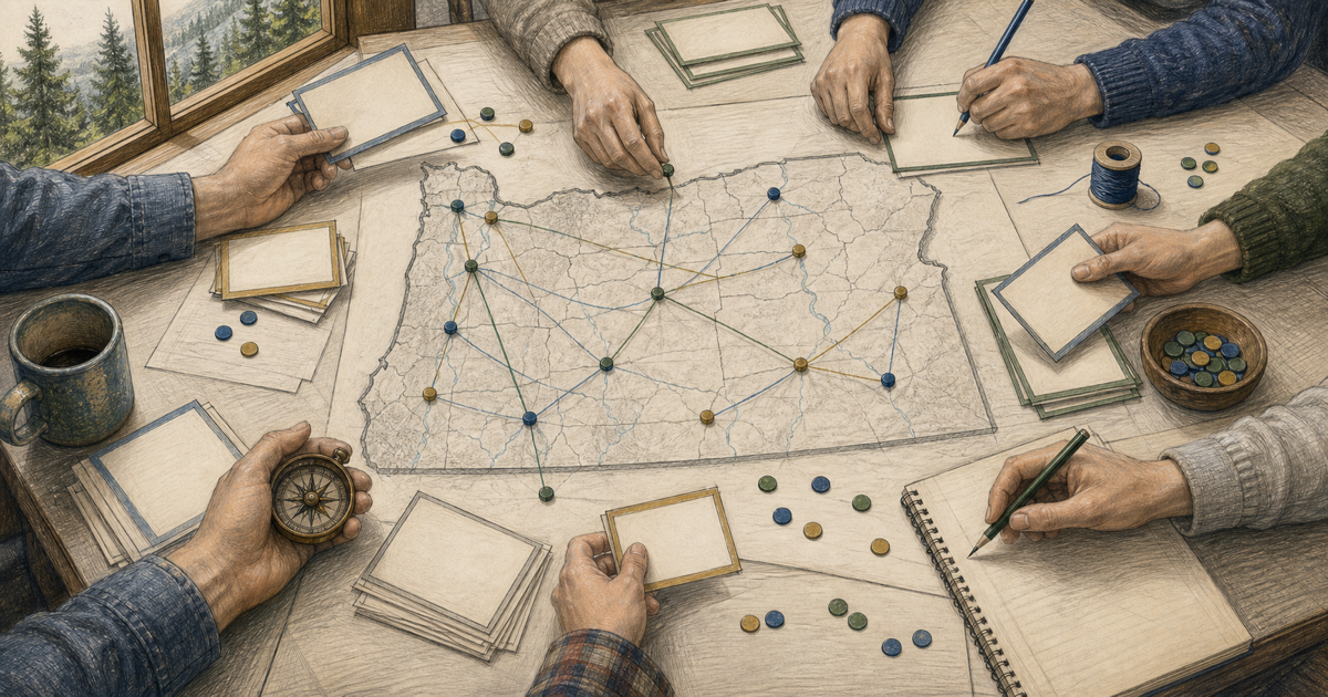 Detailed sketch of committee members collaborating around an Oregon map.