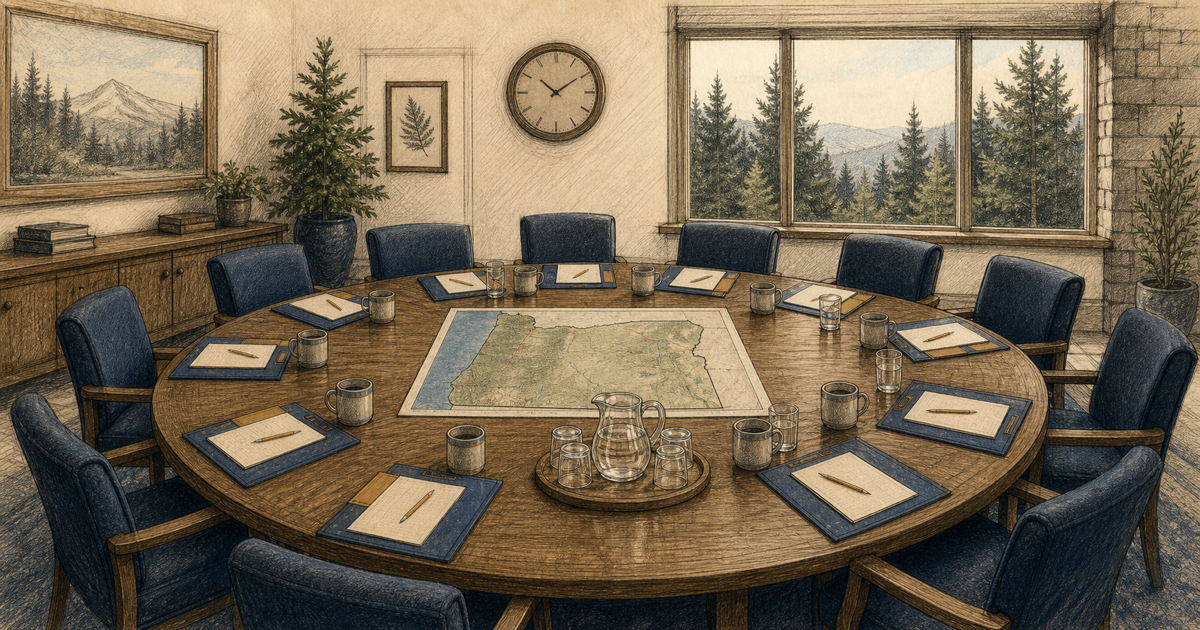 Detailed sketch of an empty Oregon chapter boardroom prepared for volunteer leadership.
