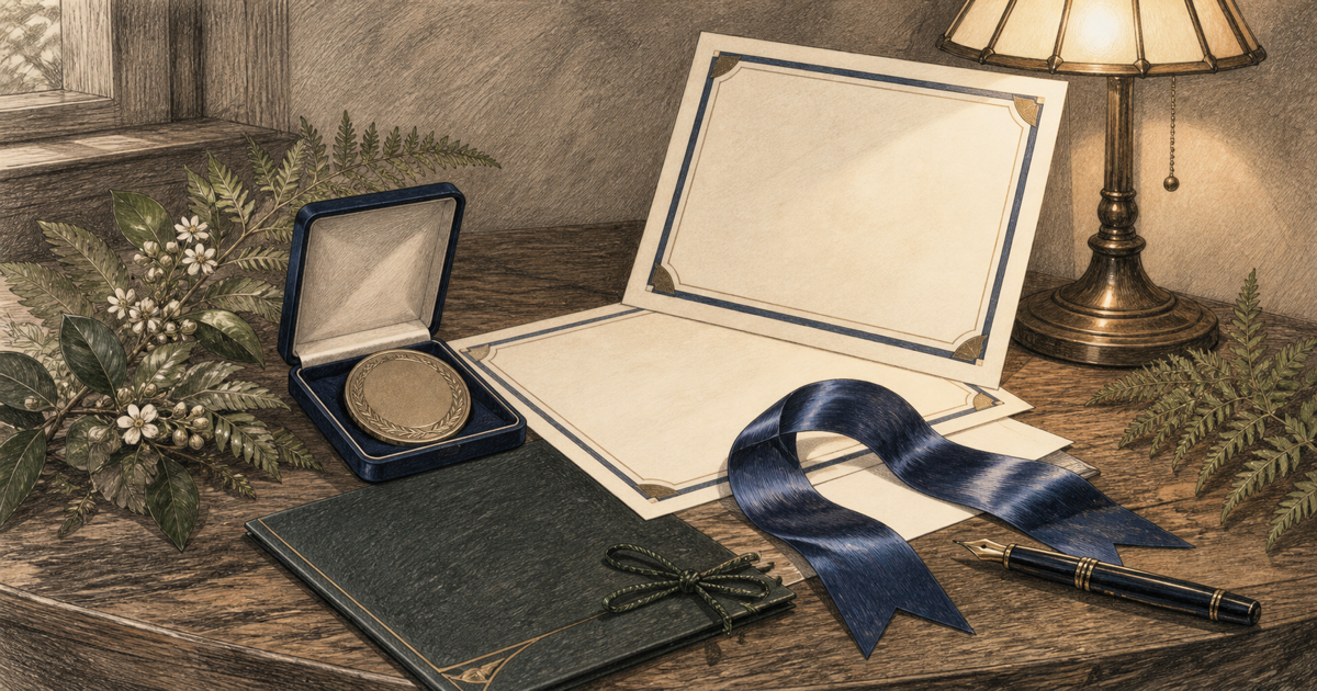 Detailed sketch of a recognition medallion, blank certificates, and Oregon greenery.