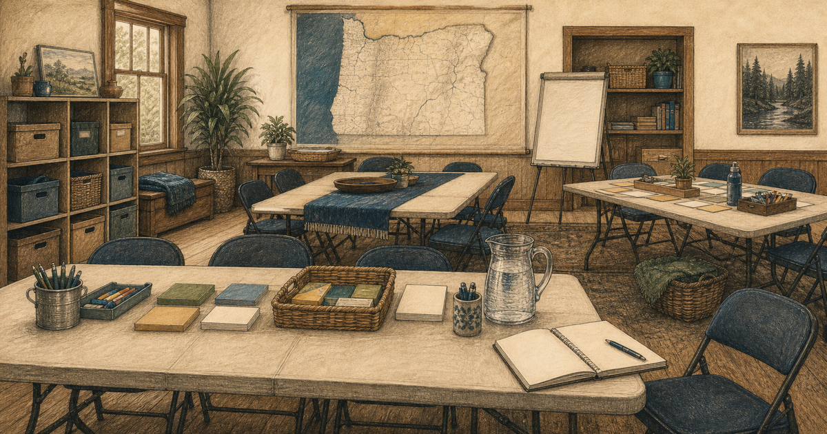 Detailed sketch of a community project room prepared for volunteers.