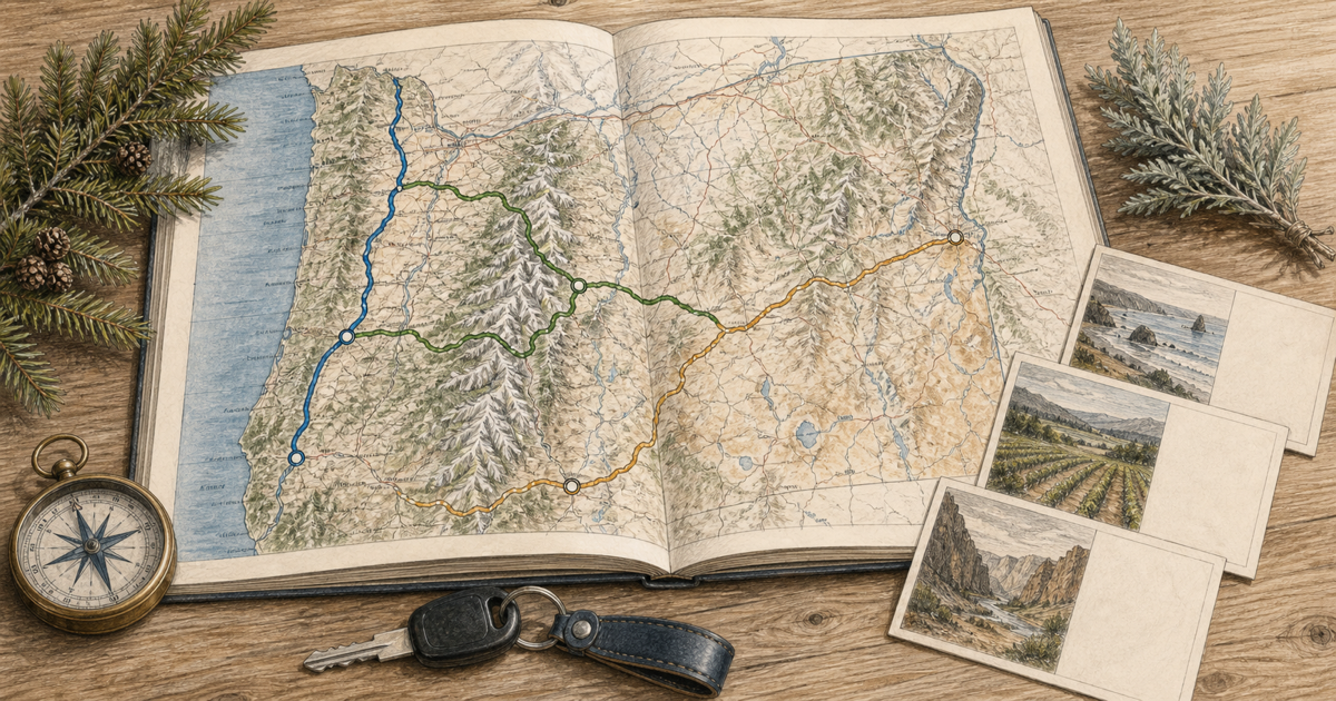 Detailed sketch of an Oregon road atlas with traveling education routes.