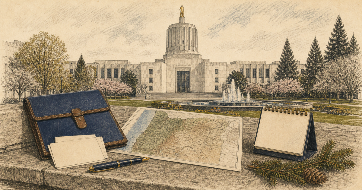 Detailed sketch of the Oregon State Capitol with legislative briefing materials.