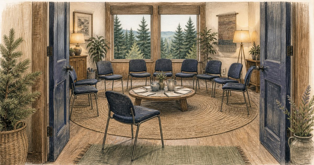 Detailed sketch of an open community meeting room prepared to welcome Oregon massage therapists.