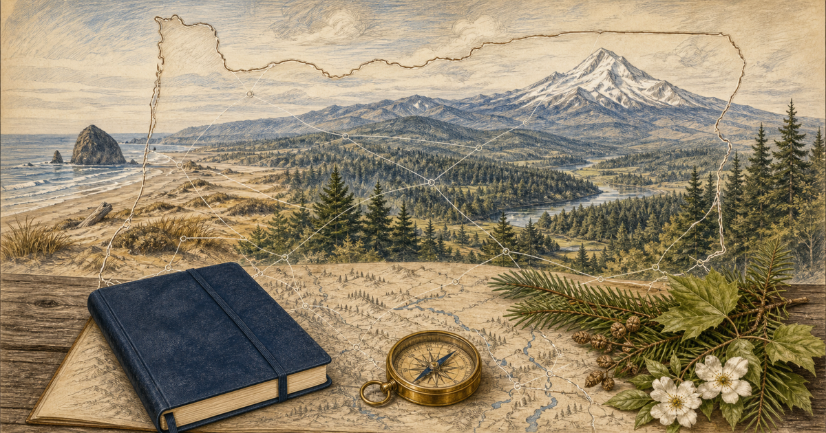 Detailed Oregon landscape sketch joining the coast, evergreen forests, and Cascade Mountains.