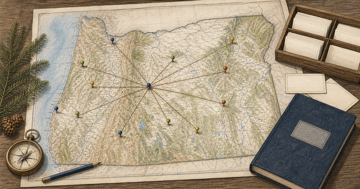 Detailed Oregon map sketch with markers representing connections among chapter members.