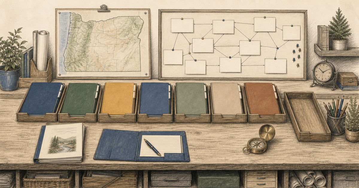Detailed sketch of a committee starter toolkit arranged on a workbench.