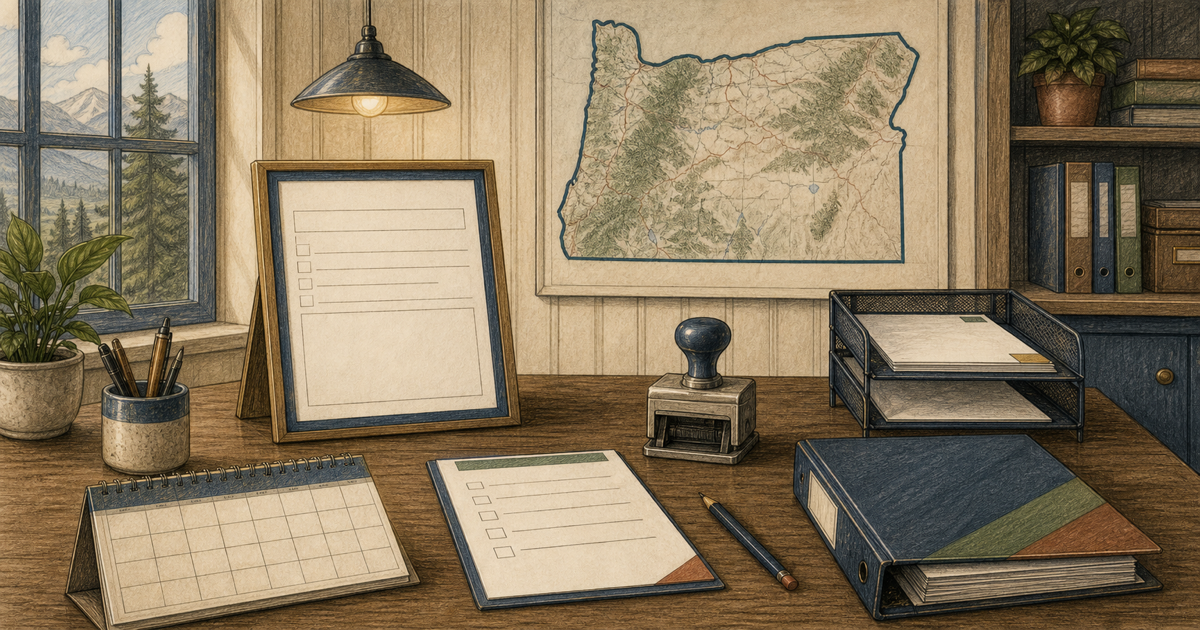Detailed sketch of an organized Oregon licensing and renewal desk.