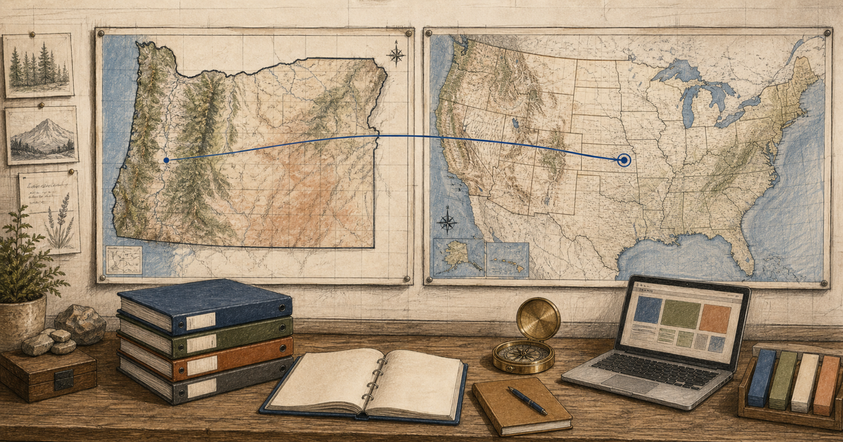 Detailed sketch connecting Oregon and United States maps with professional resource materials.