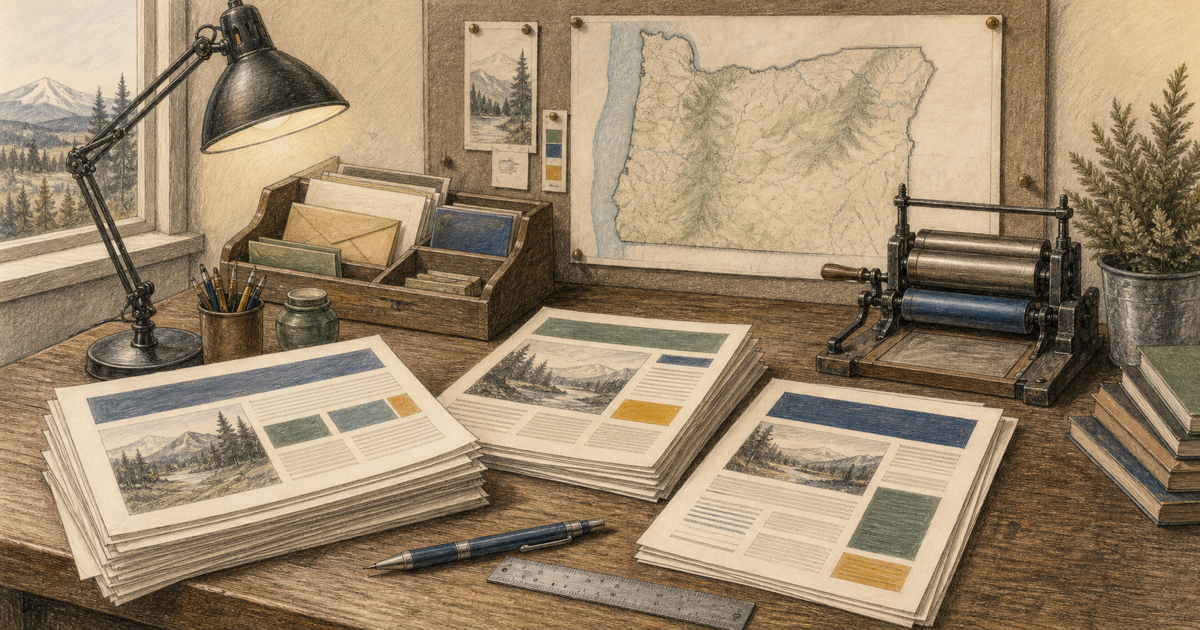 Detailed sketch of an editorial newsletter desk with chapter updates and Oregon reference materials.