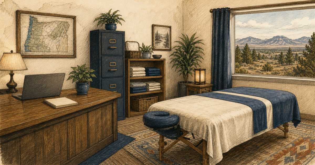Detailed sketch of a complete, organized massage therapy practice studio.