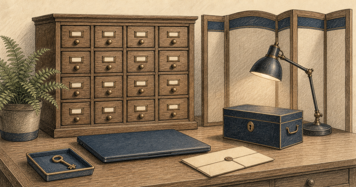 Detailed sketch of a secure records desk with organized privacy materials.