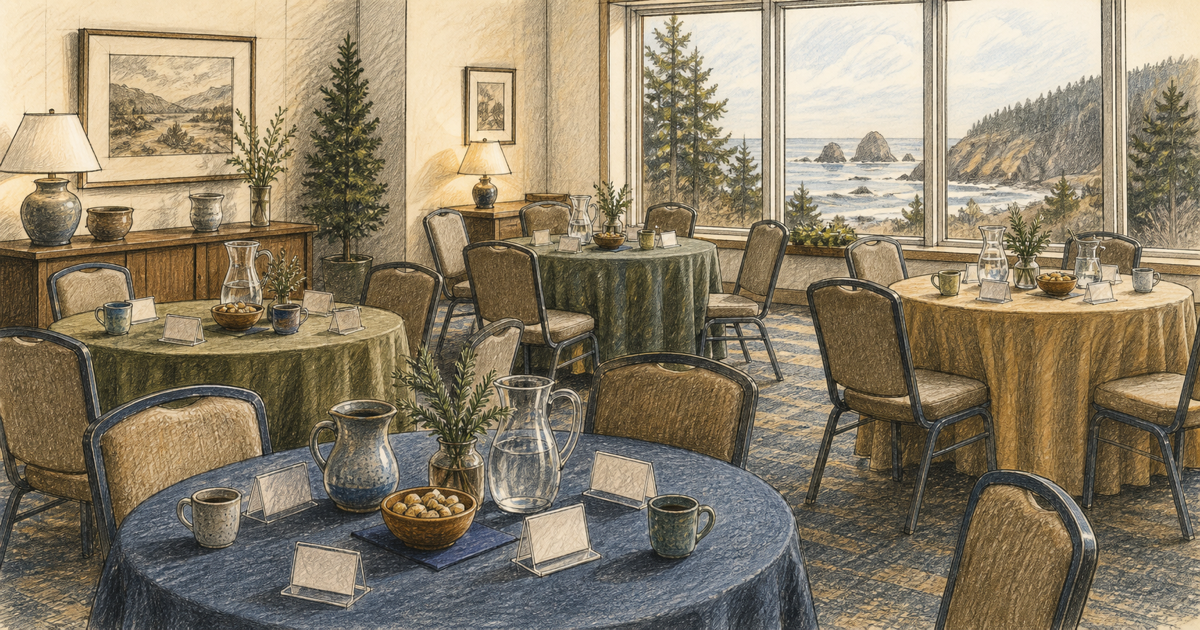 Detailed sketch of a reception area prepared for professional networking.