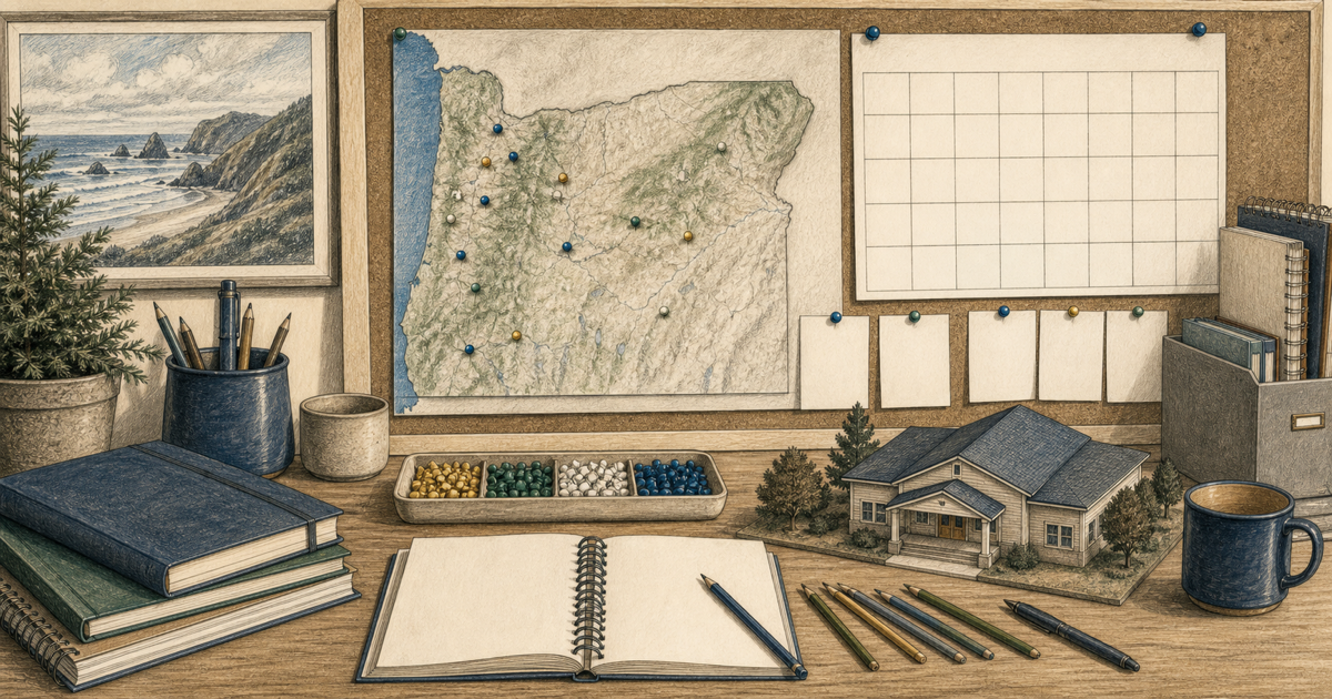 Detailed event-planning desk sketch with an Oregon map and calendar.