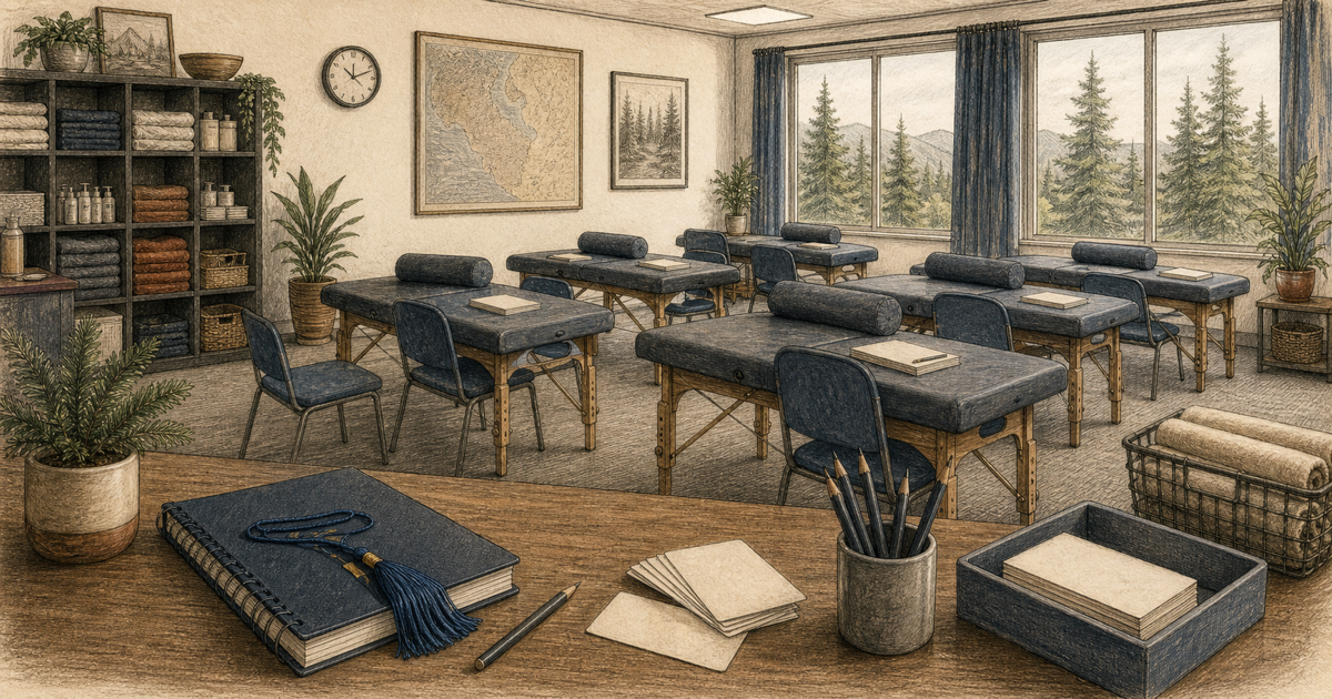 Detailed sketch of a massage therapy classroom prepared for a new student cohort.