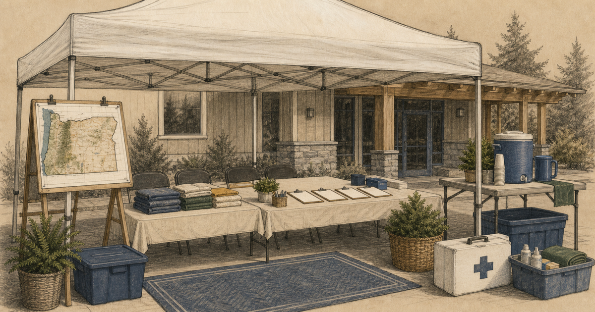 Detailed sketch of an outreach tent and community event setup prepared for volunteers.