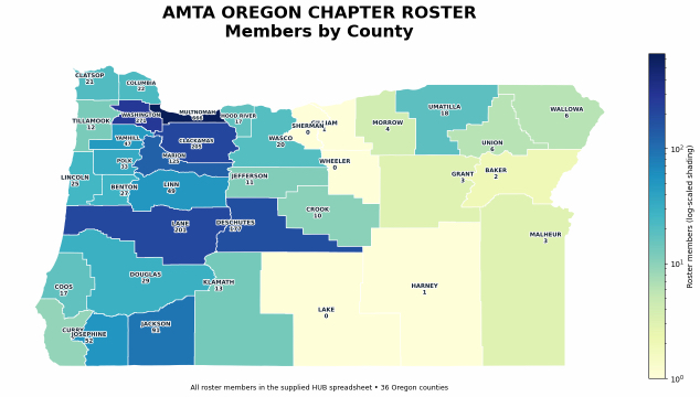 Map of Oregon showing AMTA roster members by county. Selected counts: Multnomah 666; Sherman 1; Baker 2; Grant and Malheur 3 each; Lake and Wheeler 0.