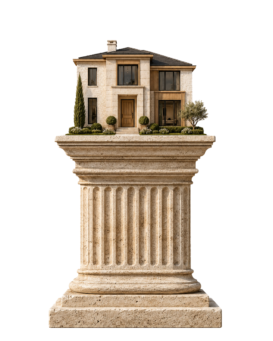 A miniature suburban home raised on a classical fluted stone pedestal