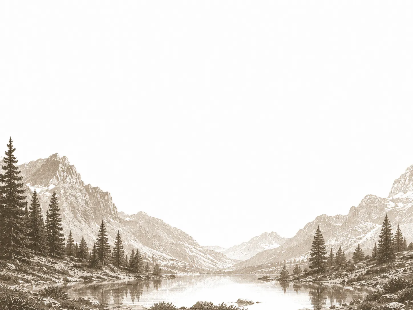 Gravure sépia : un lac de montagne entre deux versants rocheux, sapins au premier plan.
