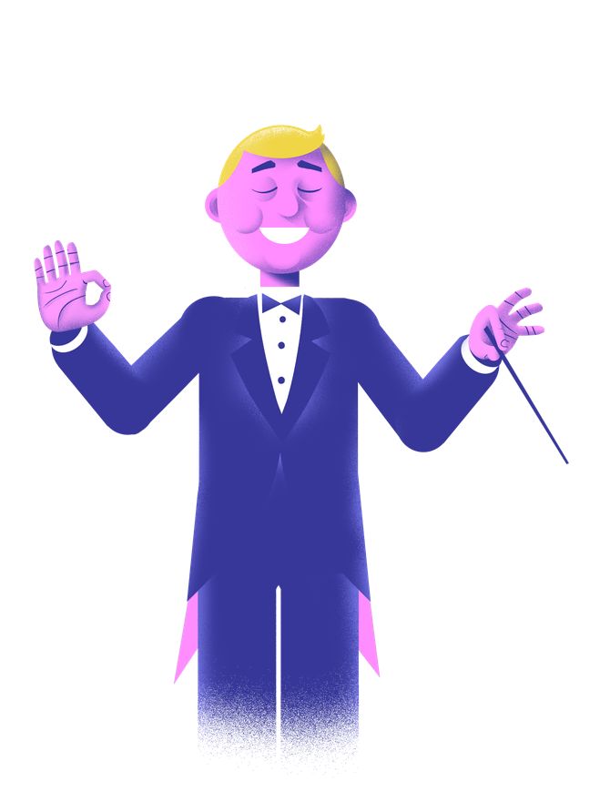 A conductor, arms raised, under a spotlight