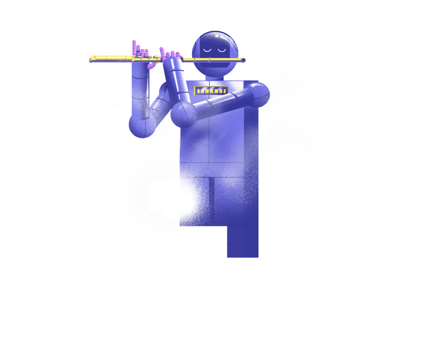 A four-piece orchestra: trumpet, timpani, violin and a robot flautist