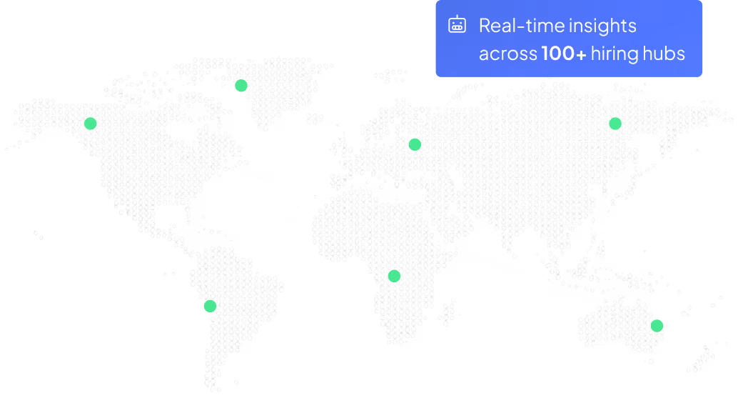 World map showing real-time insights across 100+ hiring hubs marked with location pins globally