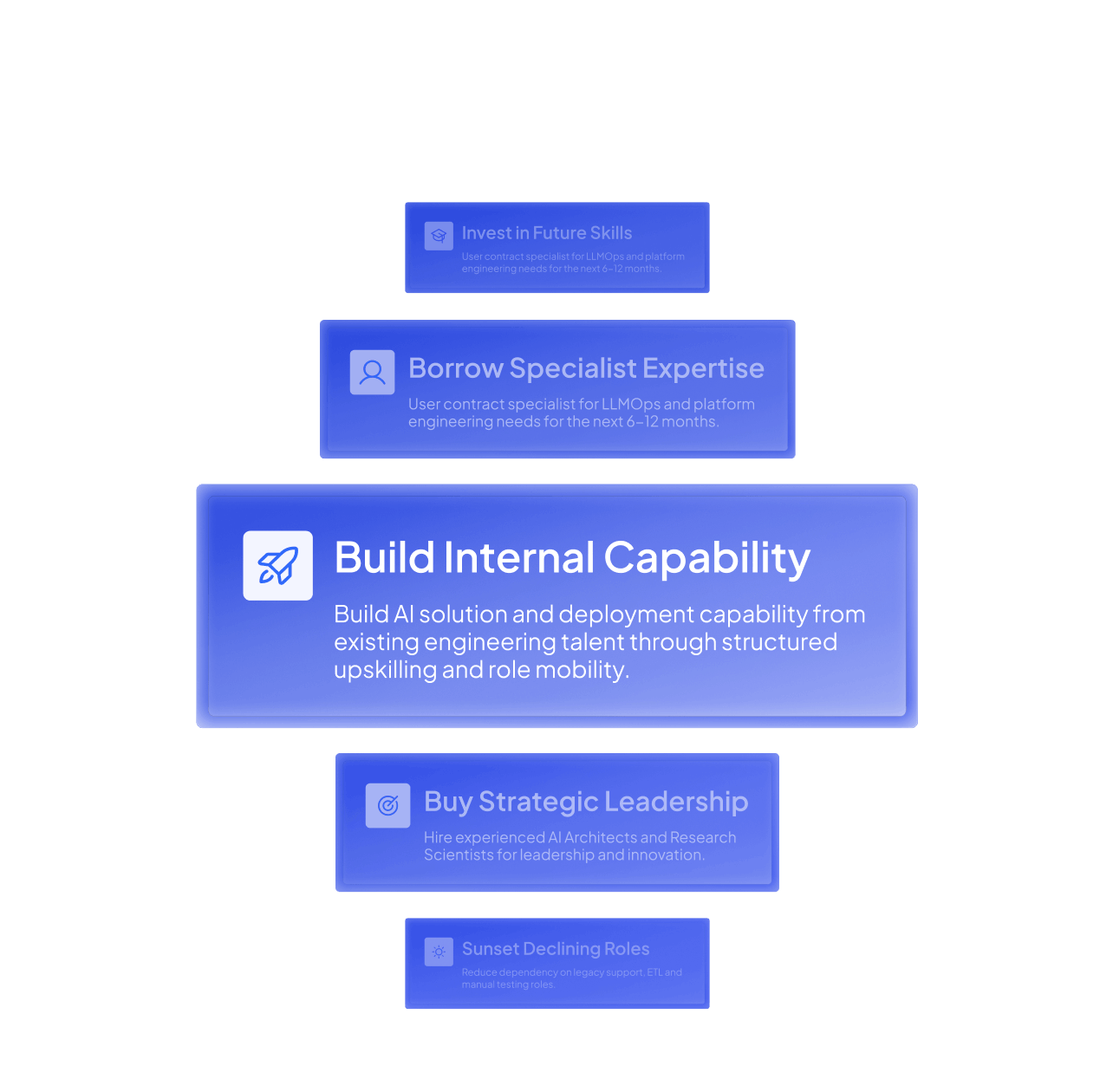 UI diagram showing five workforce strategy options including Build Internal Capability, Invest in Future Skills, Borrow Specialist Expertise, Buy Strategic Leadership and Sunset Declining Roles