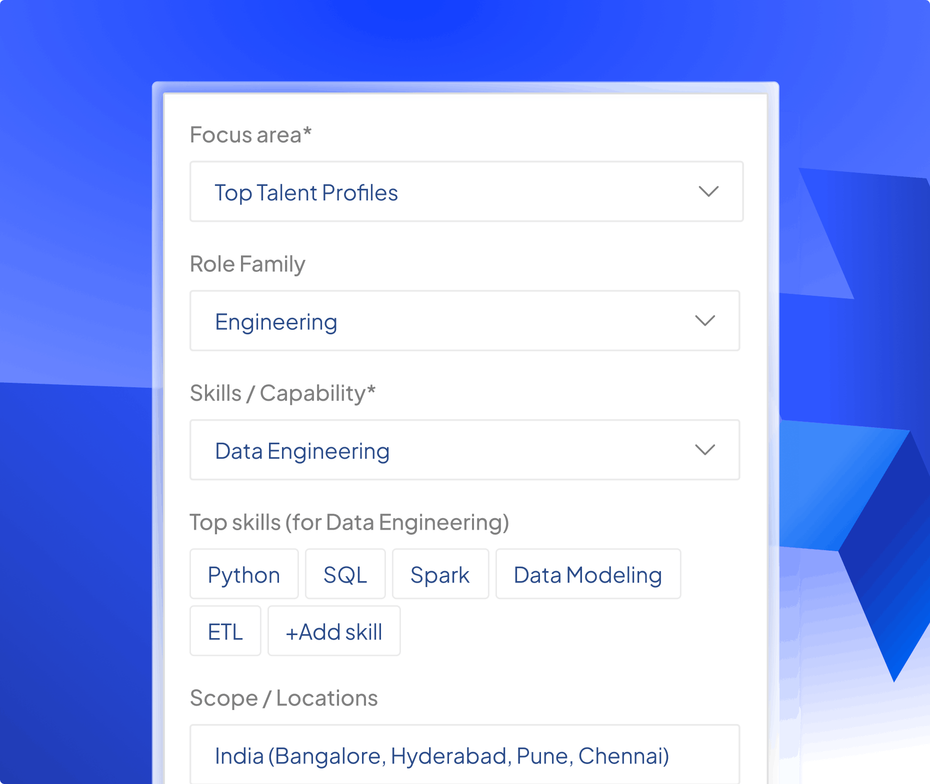 HireSense.ai talent search input showing Data Engineering role scoped to Bangalore, Hyderabad, Pune and Chennai