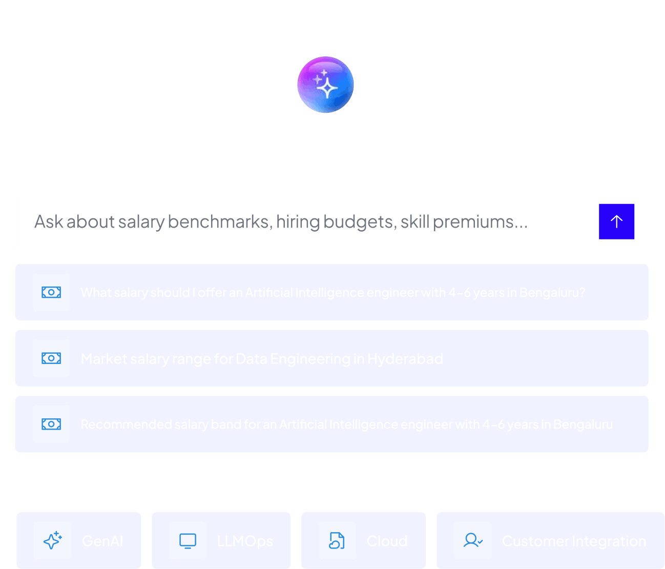 Compsense AI salary intelligence interface with natural language queries for AI Engineer and Data Engineering salary benchmarks by location with filters for GenAI, LLMOps, Cloud and Customer Integration