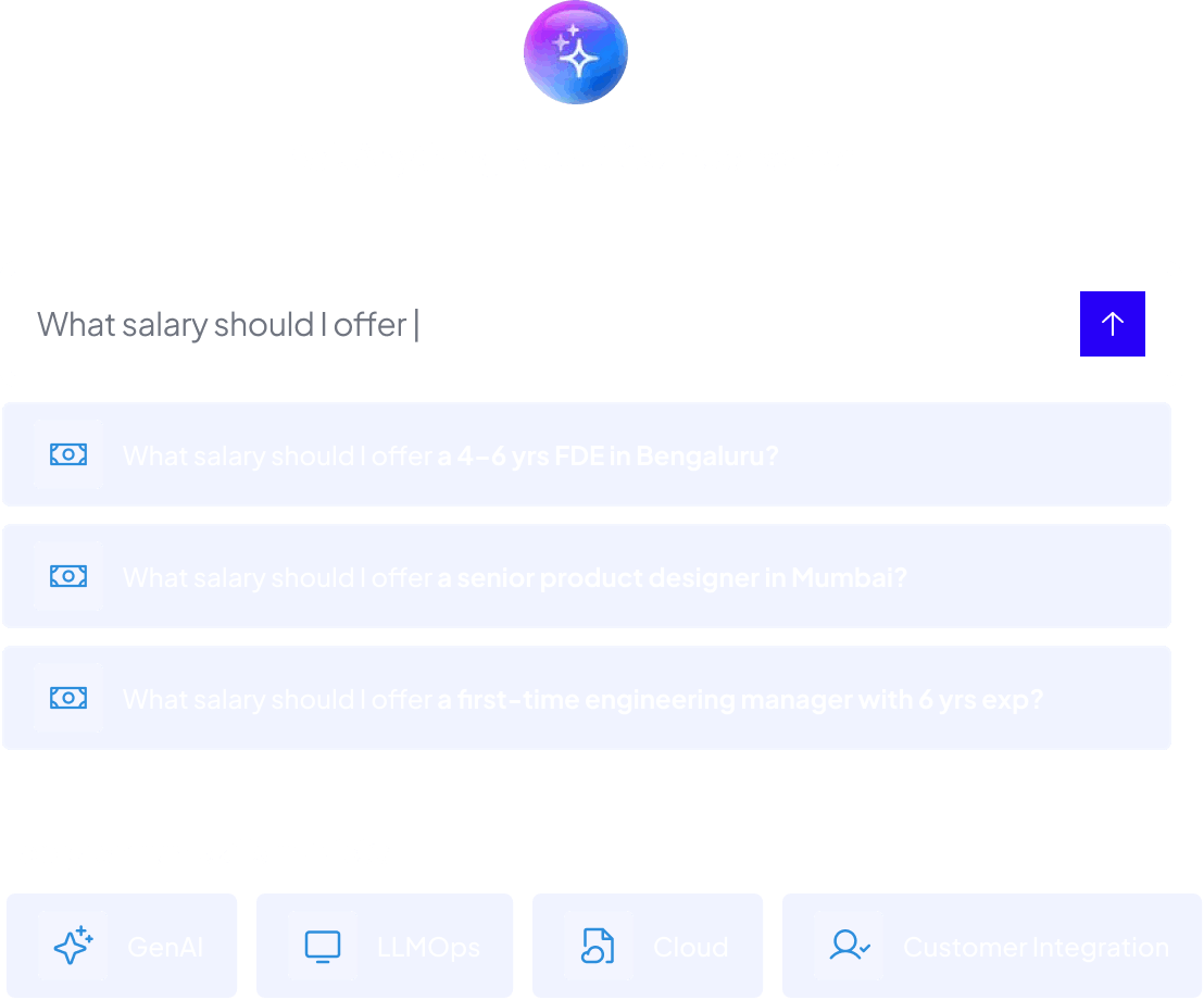 Compsense AI salary intelligence interface showing natural language salary query for roles including FDE in Bengaluru, senior product designer in Mumbai, and engineering manager, with filters for GenAI, LLMOps, Cloud and Customer Integration