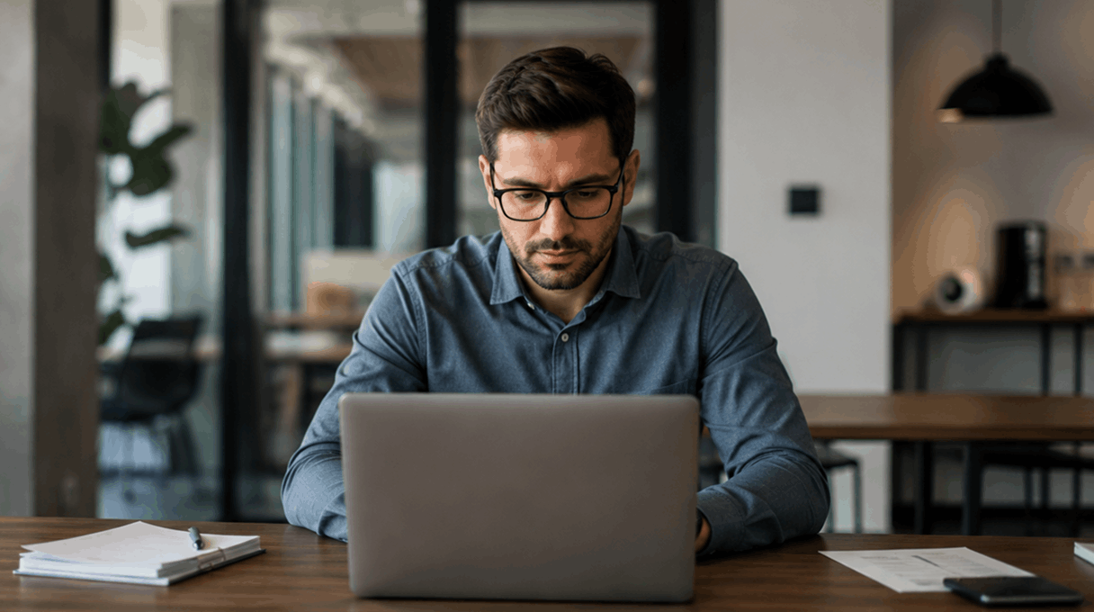 Professional working on a laptop reviewing workforce data