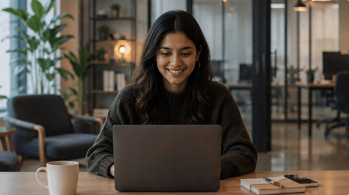 Professional working on a laptop in a modern office setting