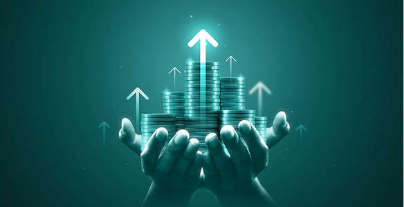 Hands holding stacked coins with glowing upward arrows representing financial growth