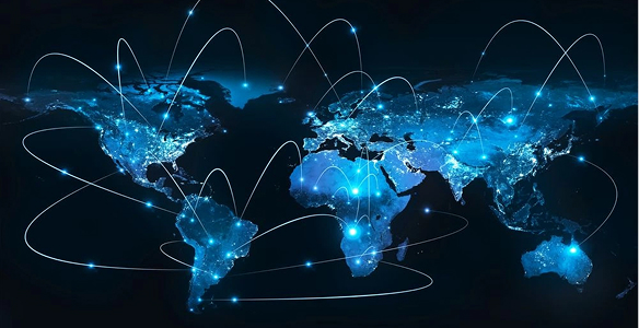 Illuminated world map showing global network connections across continents