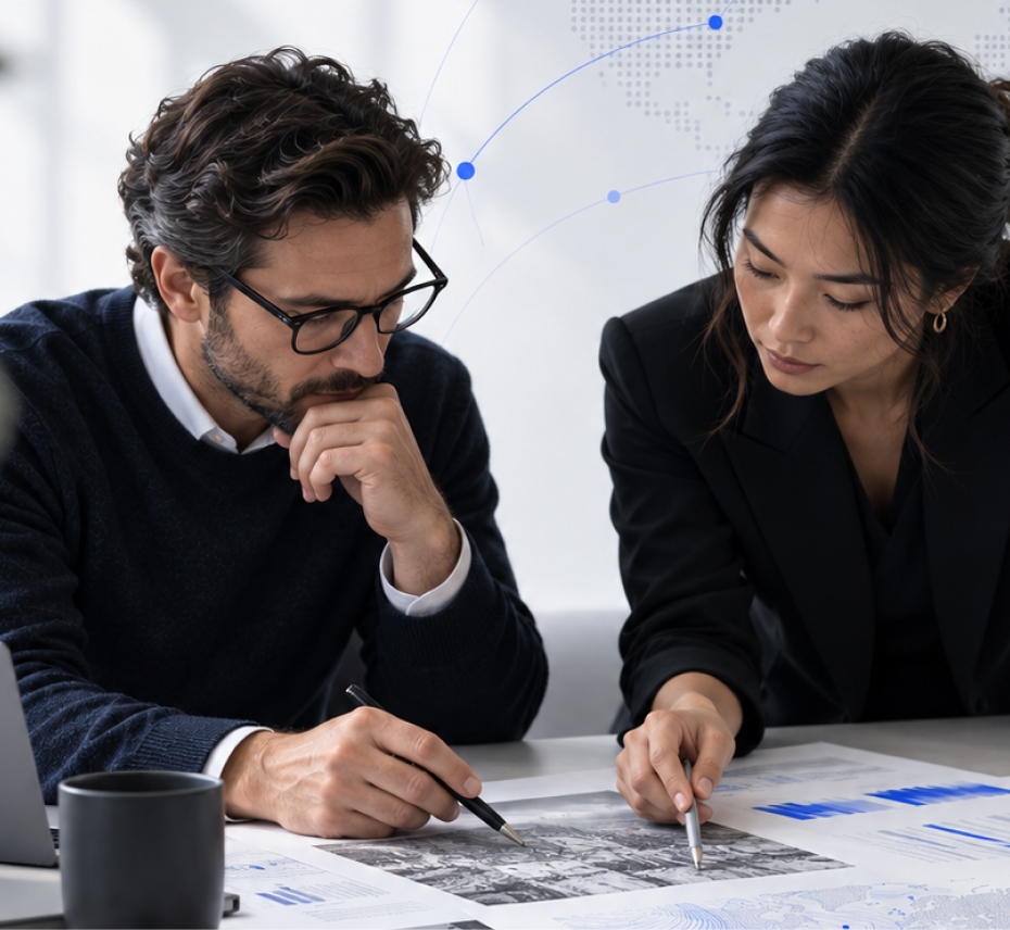 Two professionals reviewing data charts and printed reports