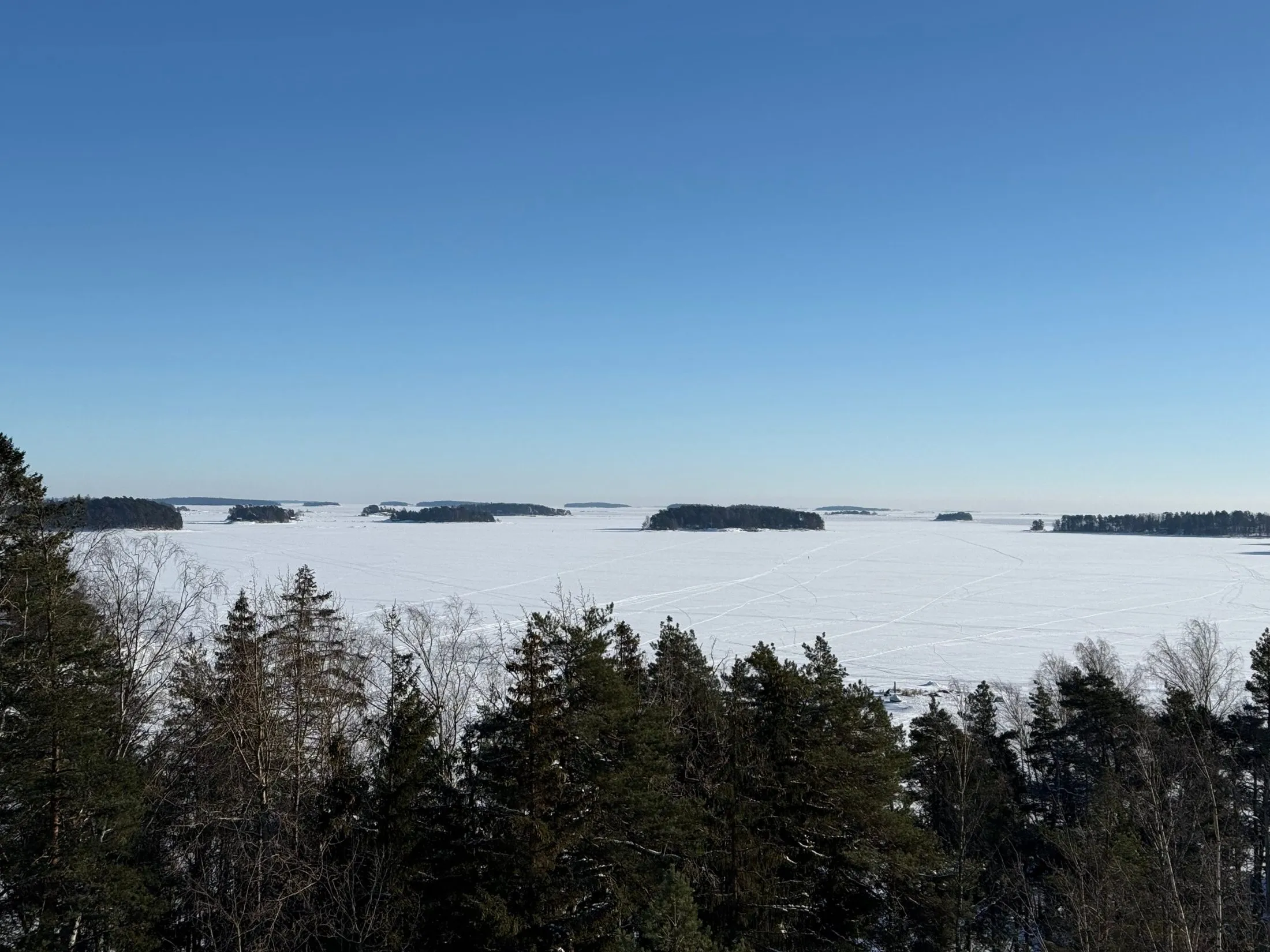 Frozen archipelago waters and wooded islands viewed above the treetops.
