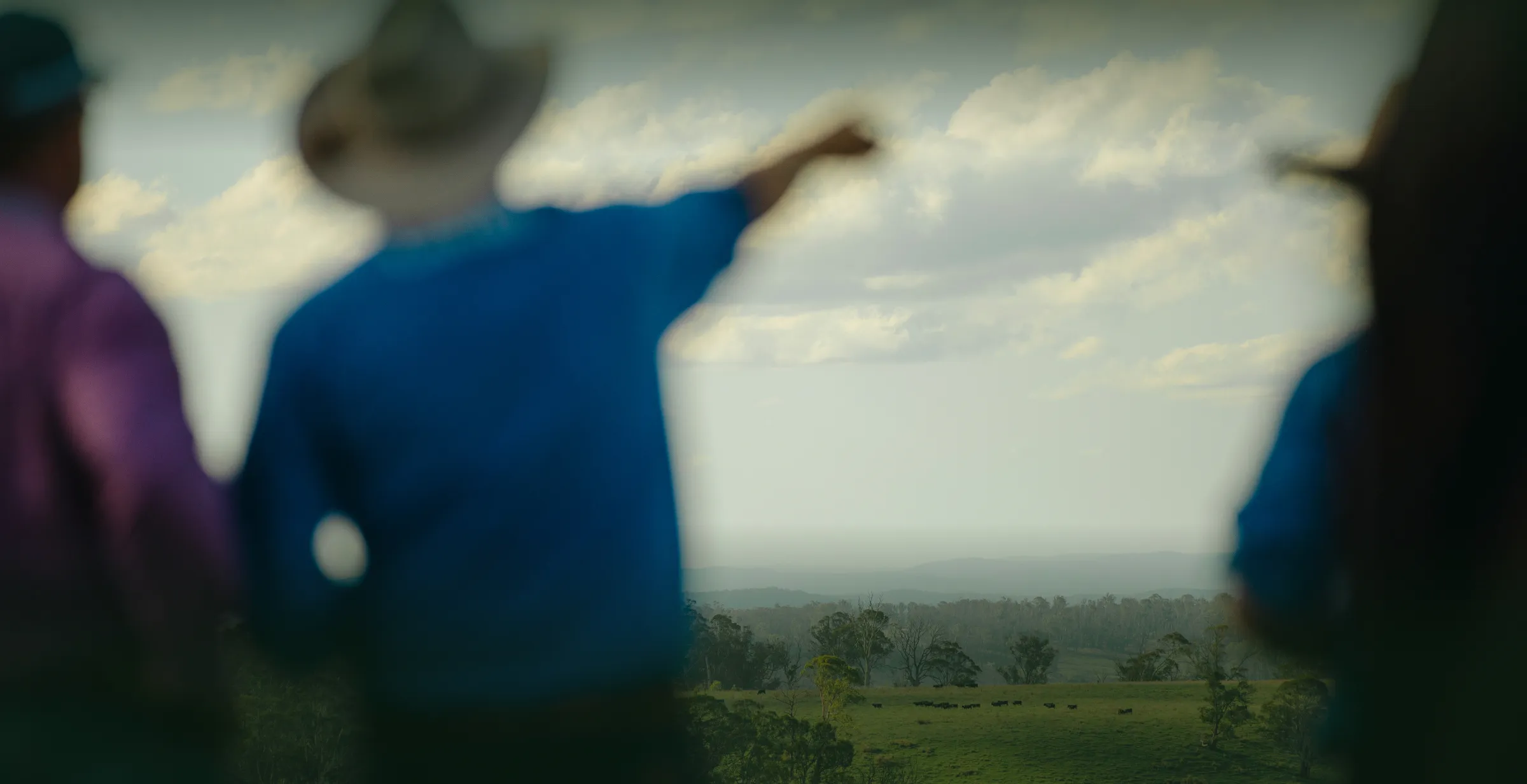 Blurred image of three people wearing hats overlooking a distant landscape with green fields, scattered trees, and hills under a cloudy sky.