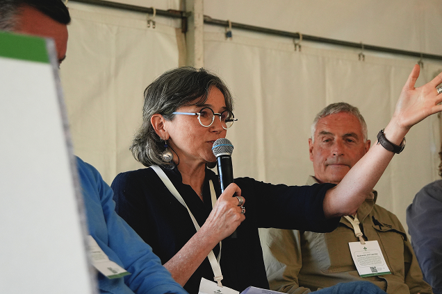 A woman with glasses and gray hair speaks into a microphone while gesturing with her right hand during a panel discussion, with a man wearing a beige shirt and conference badge seated next to her.