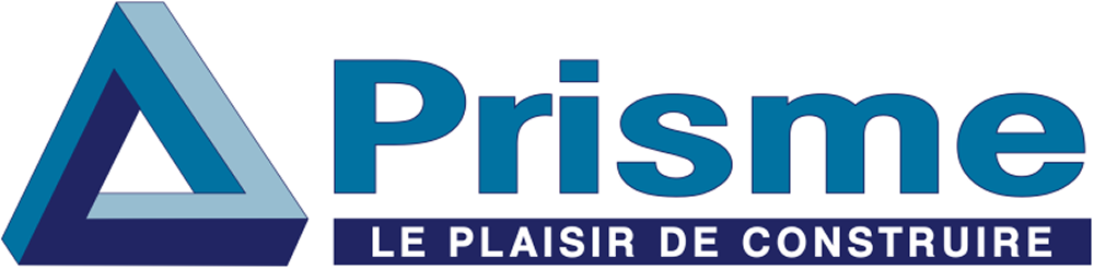Logo de Prisme avec un triangle bleu stylisé et le texte « Prisme » à côté, accompagné du slogan « LE PLAISIR DE CONSTRUIRE » en majuscules sous le nom.