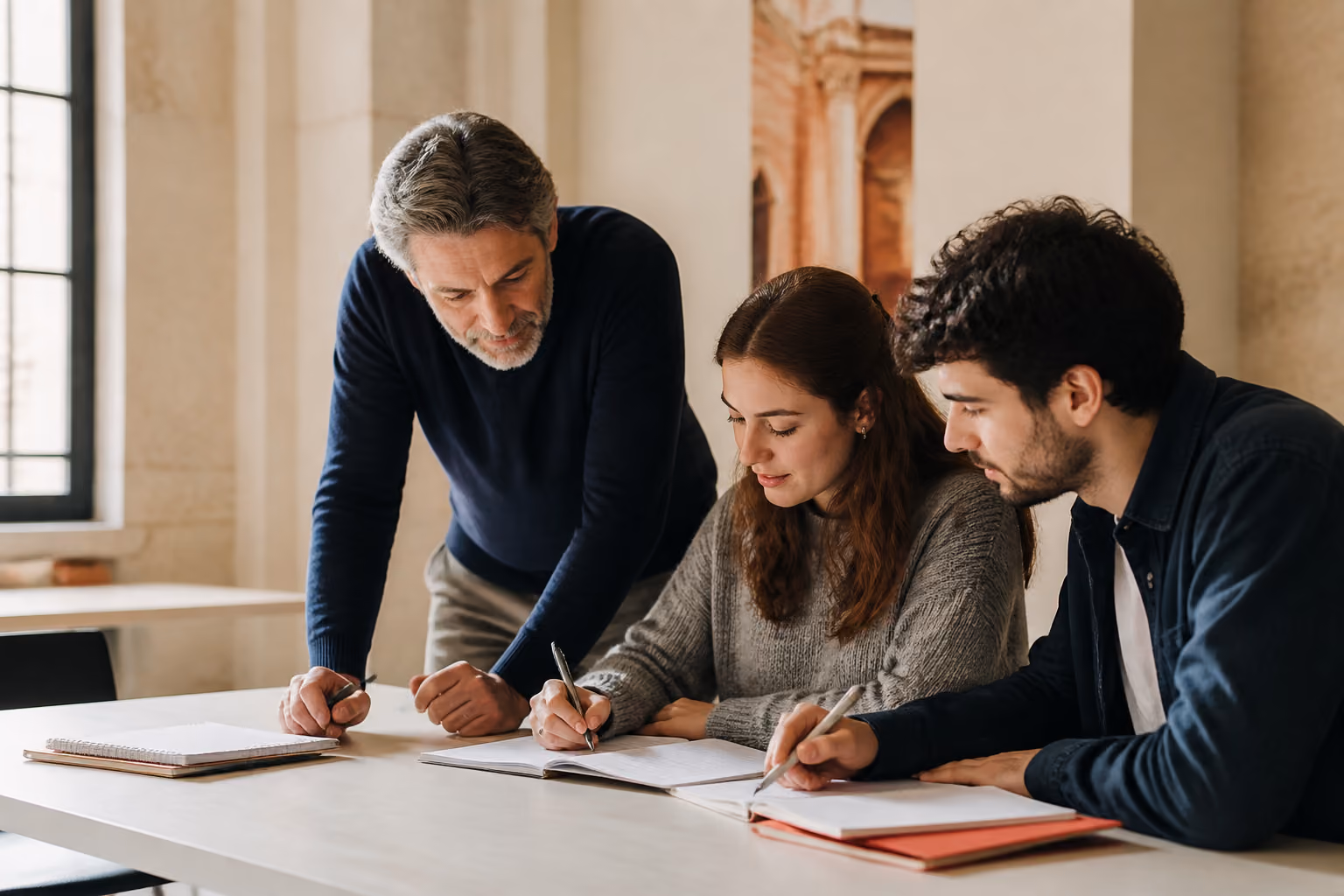 Formatrice et apprenants échangeant autour d’un exercice de formation.