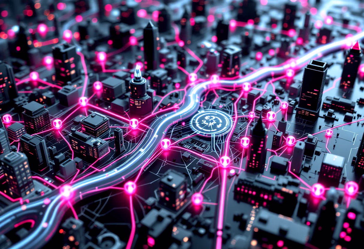 Maqueta digital de una ciudad con nodos y conexiones de datos iluminados