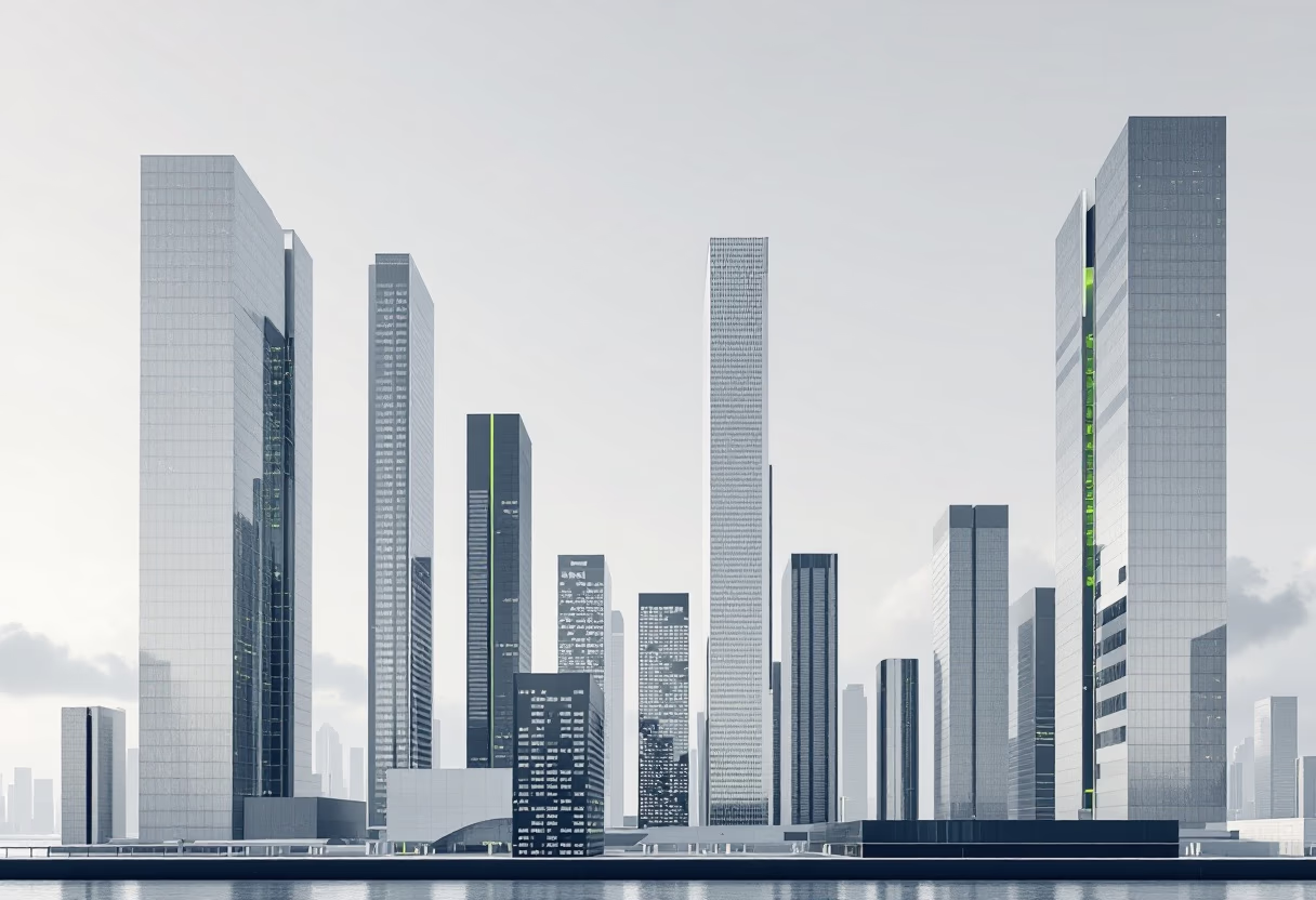 Skyline de torres corporativas junto al agua
