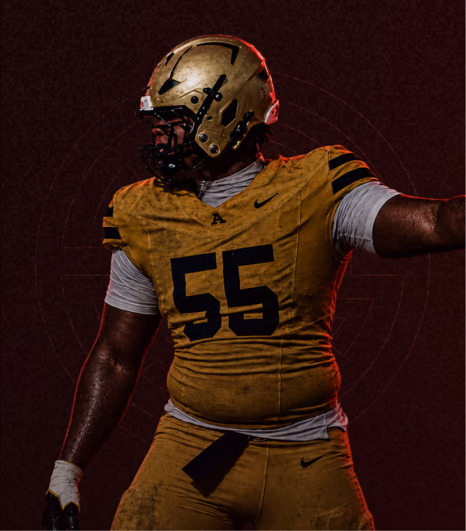 Football player wearing gold helmet and uniform with number 55, standing with arms outstretched.