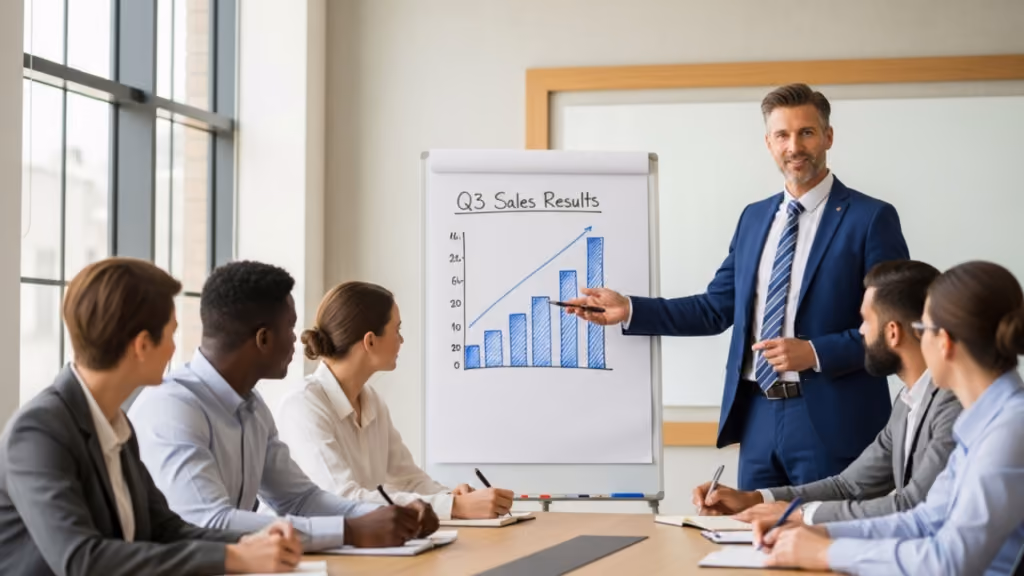 Responsable commercial présentant la progression des ventes à son équipe